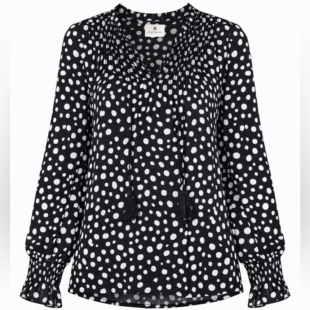 Betsey’s Boutique Shop Black White Polka Dot Blouse Womens Size S Tassel Top